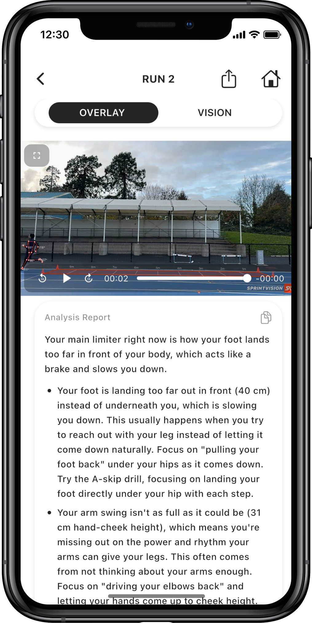 SprintVision analysis report with coaching cues and drills on iPhone